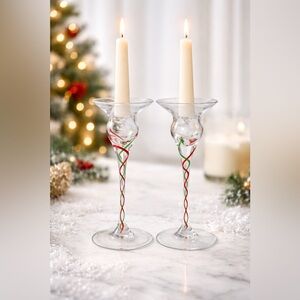 Lenox Holiday Ribbon Candlestick Pair Red & Green Twist in Stem Blown Glass Vtg*